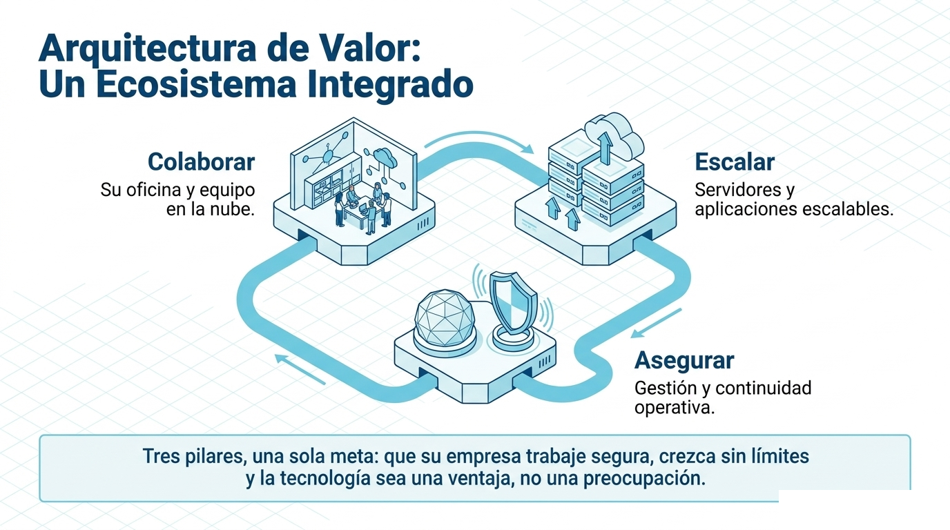 Arquitectura de valor de Creativia: Colaborar, Escalar y Asegurar
